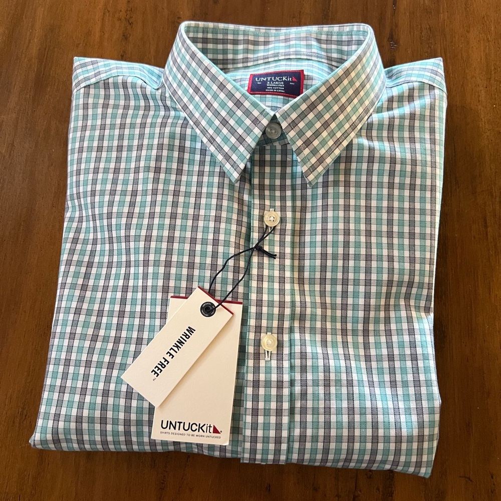 Untuckit XL Gray Green & White Plaid Wrinkle Free 100% Cotton Long Sleeve Shirt